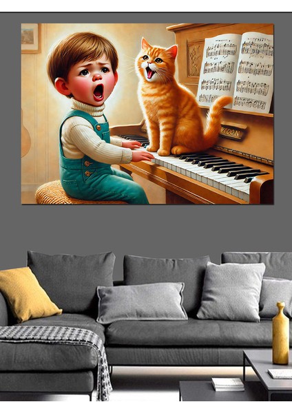 Piyano Çalan Çocuk ve Kedi Dekoratif Kanvas - Mdf Ahşap Tablo modelleri