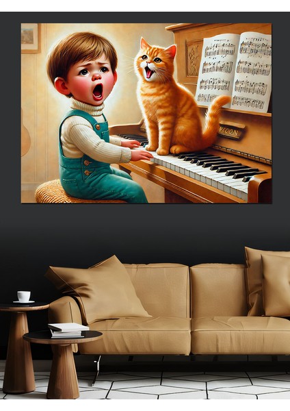 Piyano Çalan Çocuk ve Kedi Dekoratif Kanvas - Mdf Ahşap Tablo fırsatları