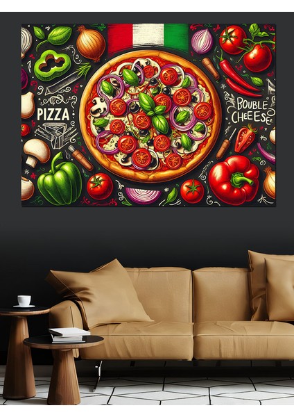 Pizza ve Lezzetli Malzemeler Dekoratif Kanvas - Mdf Ahşap Tablo fiyatları