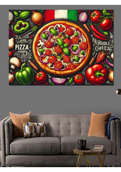 Pizza ve Lezzetli Malzemeler Dekoratif Kanvas - Mdf Ahşap Tablo fırsatları