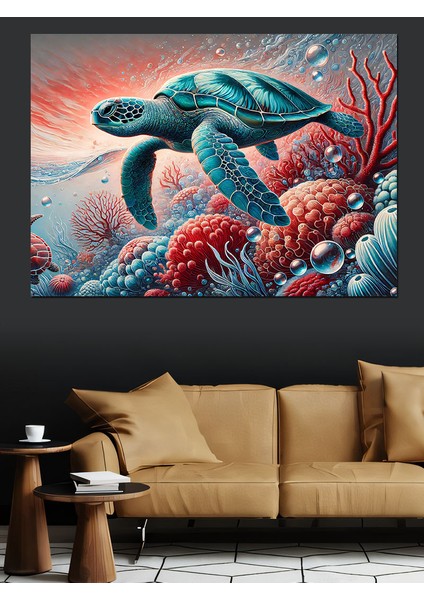 Deniz Kaplumbağası ve Mercan Resifi Dekoratif Kanvas - Mdf Ahşap Tablo