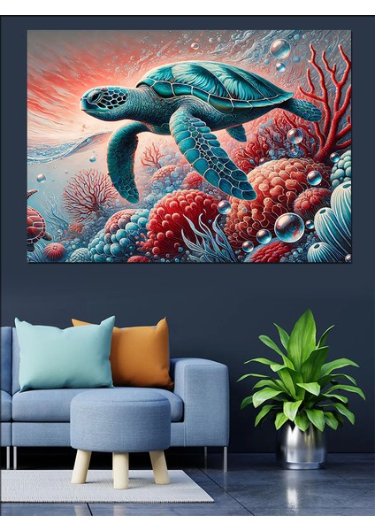 Deniz Kaplumbağası ve Mercan Resifi Dekoratif Kanvas - Mdf Ahşap Tablo fiyatları