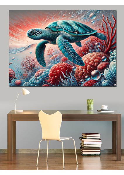 Deniz Kaplumbağası ve Mercan Resifi Dekoratif Kanvas - Mdf Ahşap Tablo fırsatları