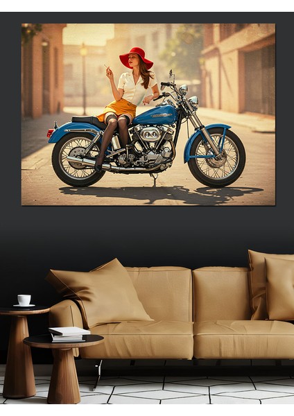 Retro Kadın ve Motor Dekoratif Kanvas - Mdf Ahşap Tablo