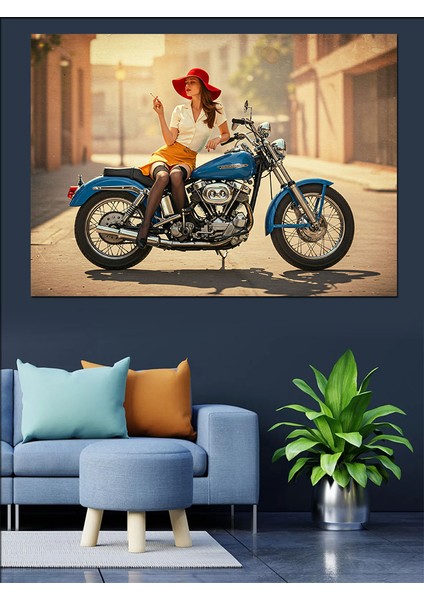 Retro Kadın ve Motor Dekoratif Kanvas - Mdf Ahşap Tablo fiyatları