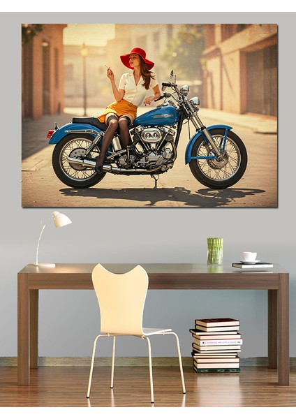 Retro Kadın ve Motor Dekoratif Kanvas - Mdf Ahşap Tablo fırsatları