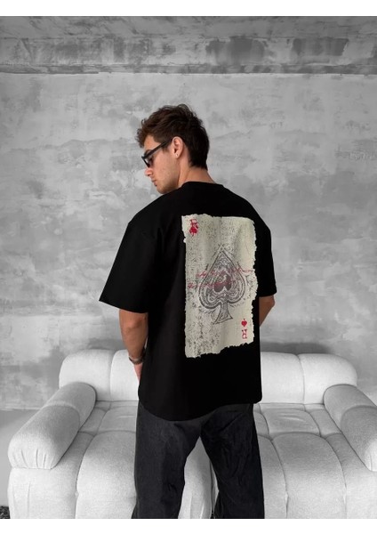 Ön ve Arka Baskılı Oversize Bisiklet Yaka T-Shirt - Siyah