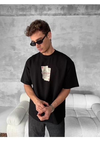 Ön ve Arka Baskılı Oversize Bisiklet Yaka T-Shirt - Siyah