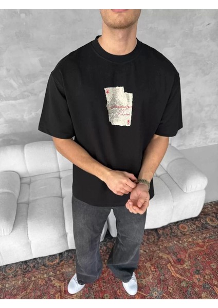 Ön ve Arka Baskılı Oversize Bisiklet Yaka T-Shirt - Siyah