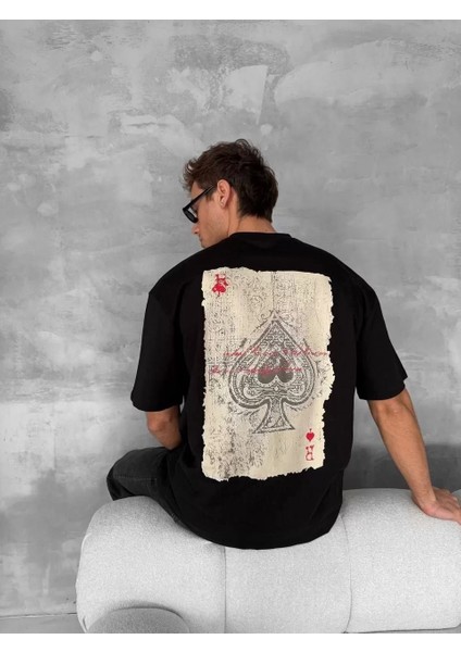 Ön ve Arka Baskılı Oversize Bisiklet Yaka T-Shirt - Siyah