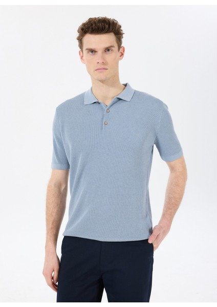 Polo Yaka Regular Fit Jakarlı Mavi Erkek Kazak FC5SM-KZK 2047