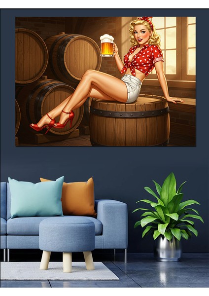 Fıçı Üzerinde Retro Kadın Dekoratif Kanvas - Mdf Ahşap Tablo