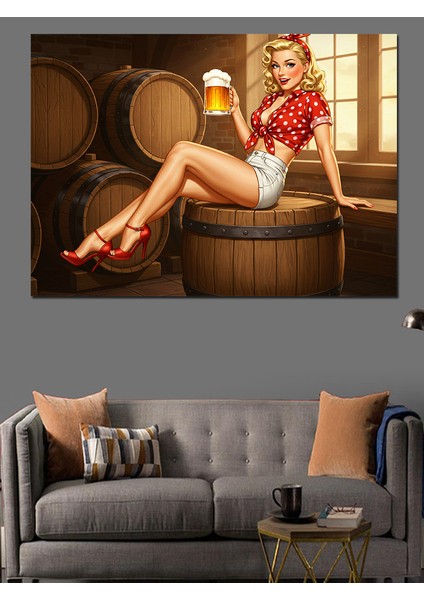 Fıçı Üzerinde Retro Kadın Dekoratif Kanvas - Mdf Ahşap Tablo fiyatları