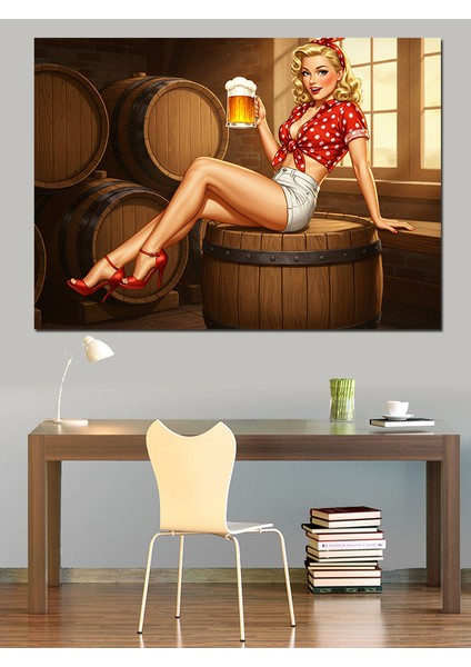 Fıçı Üzerinde Retro Kadın Dekoratif Kanvas - Mdf Ahşap Tablo modelleri