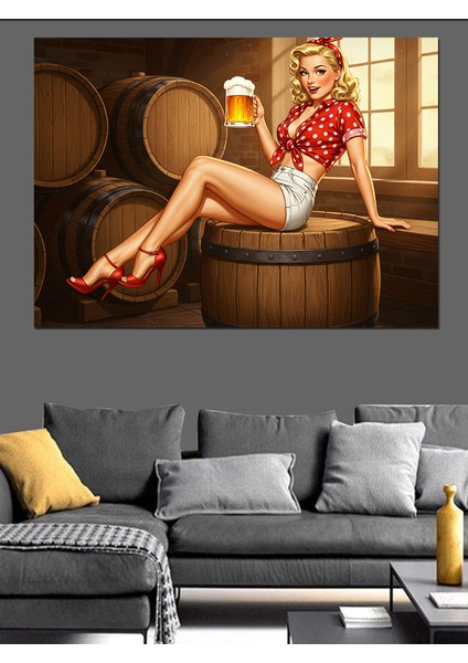 Fıçı Üzerinde Retro Kadın Dekoratif Kanvas - Mdf Ahşap Tablo fırsatları