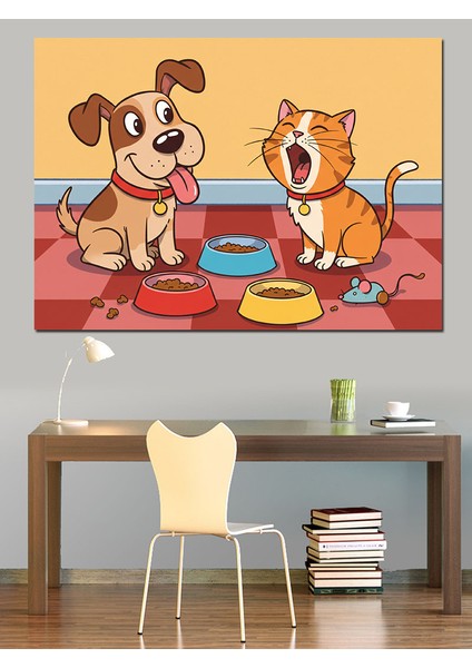 Mutlu Yavru Köpek ve Kedi Dekoratif Kanvas - Mdf Ahşap Tablo