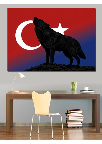 Türk Bayrağı ve Kurt Silüeti Dekoratif Kanvas - Mdf Ahşap Tablo