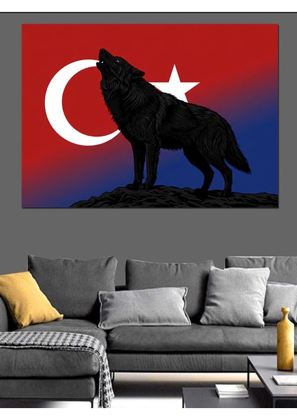Türk Bayrağı ve Kurt Silüeti Dekoratif Kanvas - Mdf Ahşap Tablo