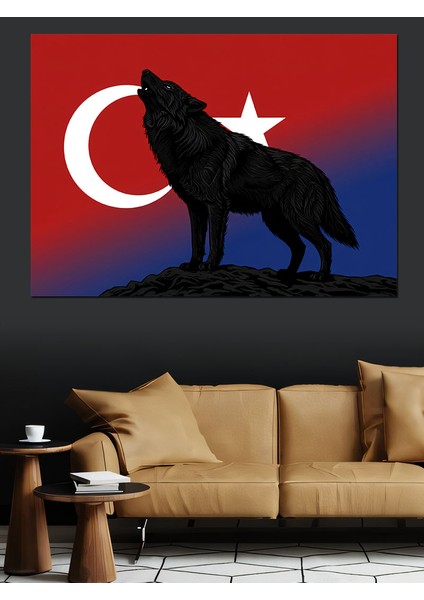 Türk Bayrağı ve Kurt Silüeti Dekoratif Kanvas - Mdf Ahşap Tablo