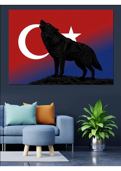 Türk Bayrağı ve Kurt Silüeti Dekoratif Kanvas - Mdf Ahşap Tablo