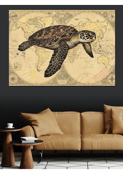Dünya Haritasında Deniz Kaplumbağası Dekoratif Kanvas - Mdf Ahşap Tablo
