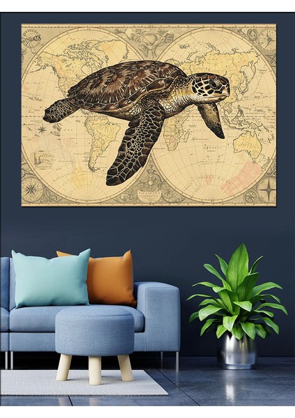 Dünya Haritasında Deniz Kaplumbağası Dekoratif Kanvas - Mdf Ahşap Tablo fiyatları