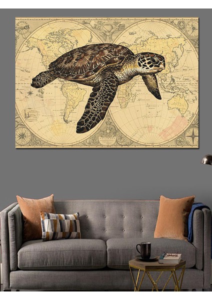 Dünya Haritasında Deniz Kaplumbağası Dekoratif Kanvas - Mdf Ahşap Tablo modelleri