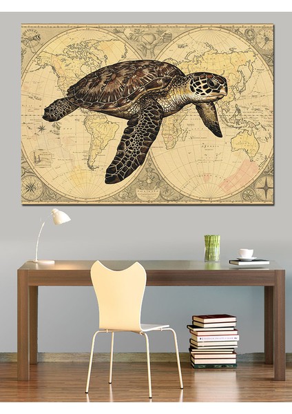 Dünya Haritasında Deniz Kaplumbağası Dekoratif Kanvas - Mdf Ahşap Tablo fırsatları