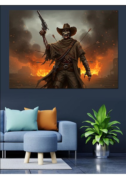 Silahlı Kovboy ve Vahşi Batı Dekoratif Kanvas - Mdf Ahşap Tablo