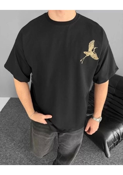 Ön ve Arka Baskılı Oversize Bisiklet Yaka T-Shirt - Siyah