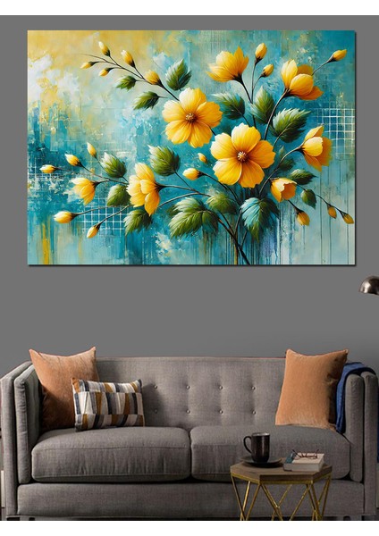 Sarı Çiçekli Soyut Sanat Dekoratif Kanvas - Mdf Ahşap Tablo