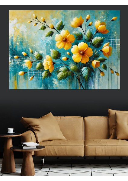 Sarı Çiçekli Soyut Sanat Dekoratif Kanvas - Mdf Ahşap Tablo fırsatları