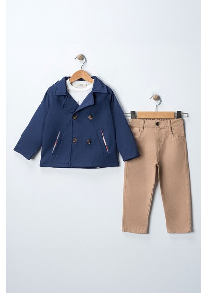 Düğmeli Renkli Astarlı Trençkotlu Unisex 3 lü takım - Lacivert