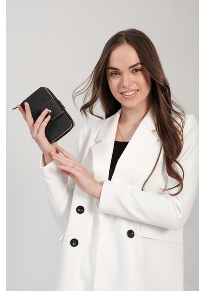 Kilit Detaylı Siyah Taba Kadın Cüzdan ve Omuz Çanta Kombini PBU4002-1005 fırsatları