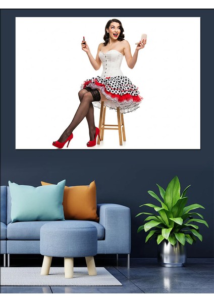 Pin-Up Kızı ve Mutluluk Dekoratif Kanvas - Mdf Ahşap Tablo