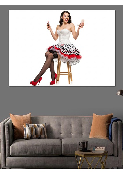 Pin-Up Kızı ve Mutluluk Dekoratif Kanvas - Mdf Ahşap Tablo
