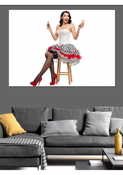 Pin-Up Kızı ve Mutluluk Dekoratif Kanvas - Mdf Ahşap Tablo
