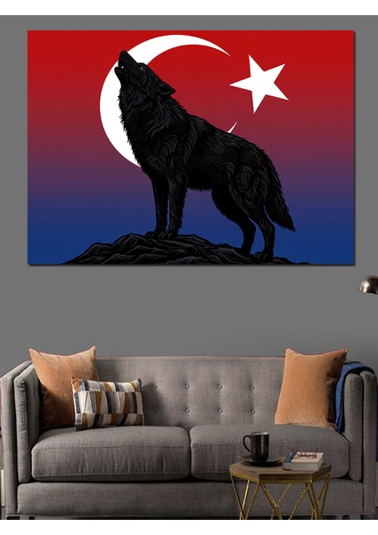 Türk Bayrağı ve Kurt Dekoratif Kanvas - Mdf Ahşap Tablo