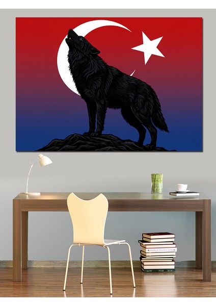 Türk Bayrağı ve Kurt Dekoratif Kanvas - Mdf Ahşap Tablo