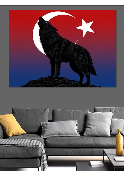 Türk Bayrağı ve Kurt Dekoratif Kanvas - Mdf Ahşap Tablo