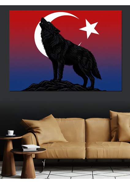 Türk Bayrağı ve Kurt Dekoratif Kanvas - Mdf Ahşap Tablo