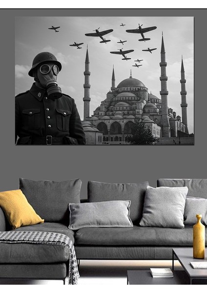 Savaş Uçakları ve Camii Dekoratif Kanvas - Mdf Ahşap Tablo