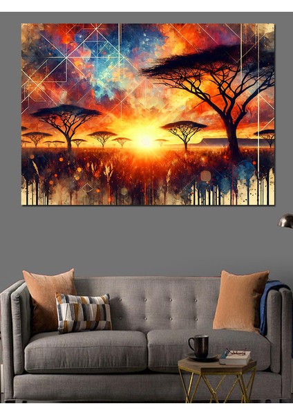 Afrika Ağaçları ve Gün Batımı Dekoratif Kanvas - Mdf Ahşap Tablo
