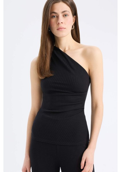 Slim Fit Dar Kesim Tek Omuzlu Fitilli Kaşkorse Atlet E5777AX25SP