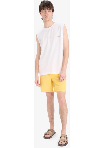 Regular Fit Kısa Boy Cepli File Astarlı Beli Bağcıklı Düz Hafif Kumaş Deniz Şortu E5133AXNS