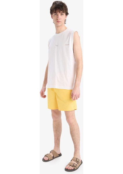 Regular Fit Kısa Boy Cepli File Astarlı Beli Bağcıklı Düz Hafif Kumaş Deniz Şortu E5133AXNS