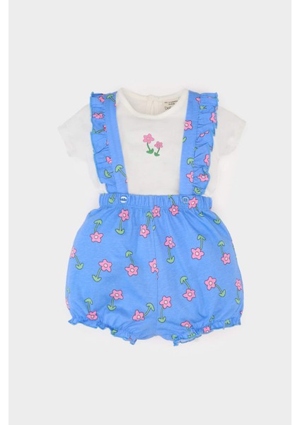 Kız Bebek 2'li Takım Çiçekli Penye Kısa Kollu Tişört Salopet E8144A525SM