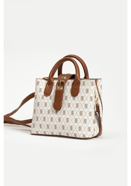 Kadın Krem Desenli Deri Taba Omuz El Askılı Çıtçıt Fermuar Kapama El ve Omuz Çantası