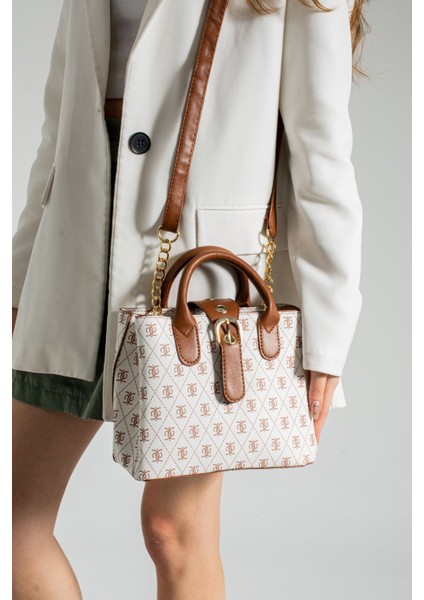 Kadın Krem Desenli Deri Taba Omuz El Askılı Çıtçıt Fermuar Kapama El ve Omuz Çantası fiyatları