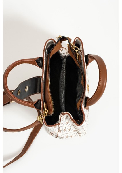 Kadın Krem Desenli Deri Taba Omuz El Askılı Çıtçıt Fermuar Kapama El ve Omuz Çantası modelleri